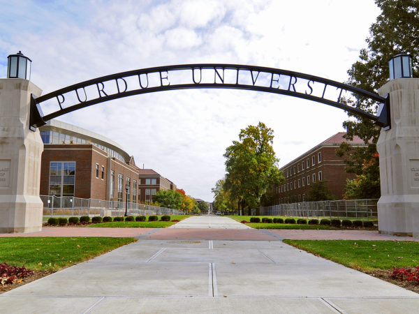 The Gateway to the Future arch, located near Stadium Avenue between the Neil Armstrong Hall of Engineering and civil engineering building, is a gift to the university from the classes of 1958 and 1959. The classes raised $550,000 to create the arch as well as an additional $175,000 for student scholarships to commemorate the 50th anniversary of the graduation of both classes from Purdue. (Purdue News Service photo/Andrew Hancock)