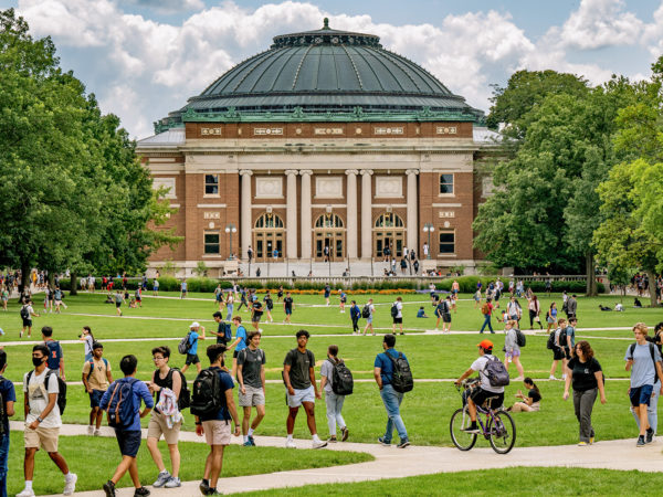 Students traverse the main quad as they head to classes at the University of Illinois Urbana-Champaign.